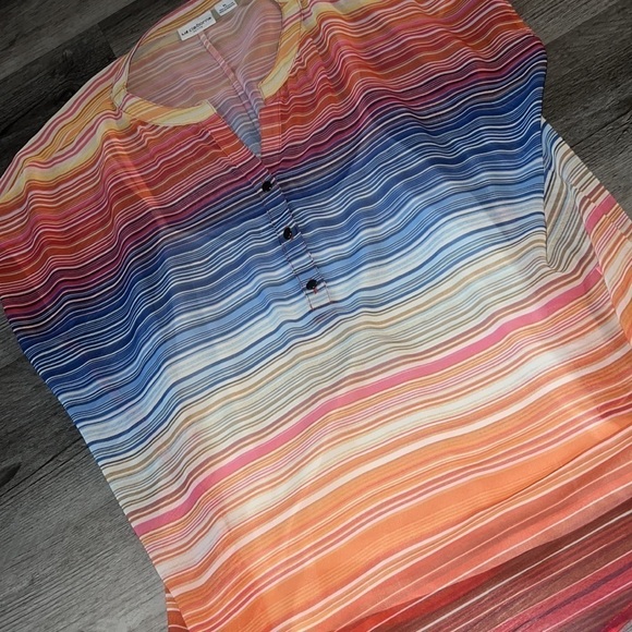 LIZ CLAIBORNE PETITE RAINBOW SHEER HALF BUTTON UP BLOUSE - Picture 2 of 3